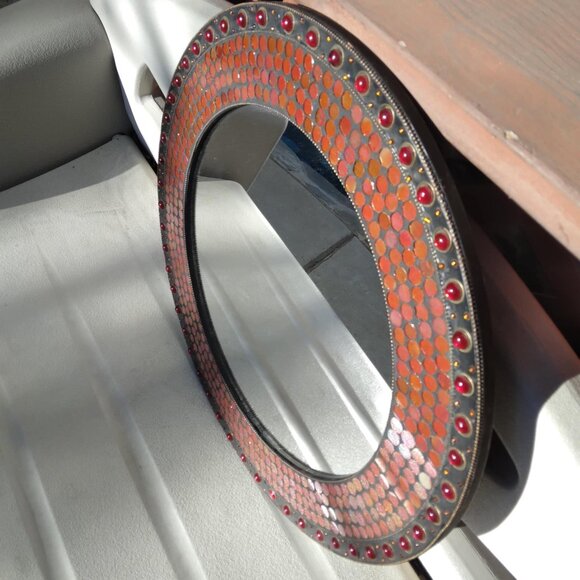 Stunning Round Red/Orange Glass Domes/Dots Mosaic Inlay Handcrafted Wall Mirror - Picture 7 of 16